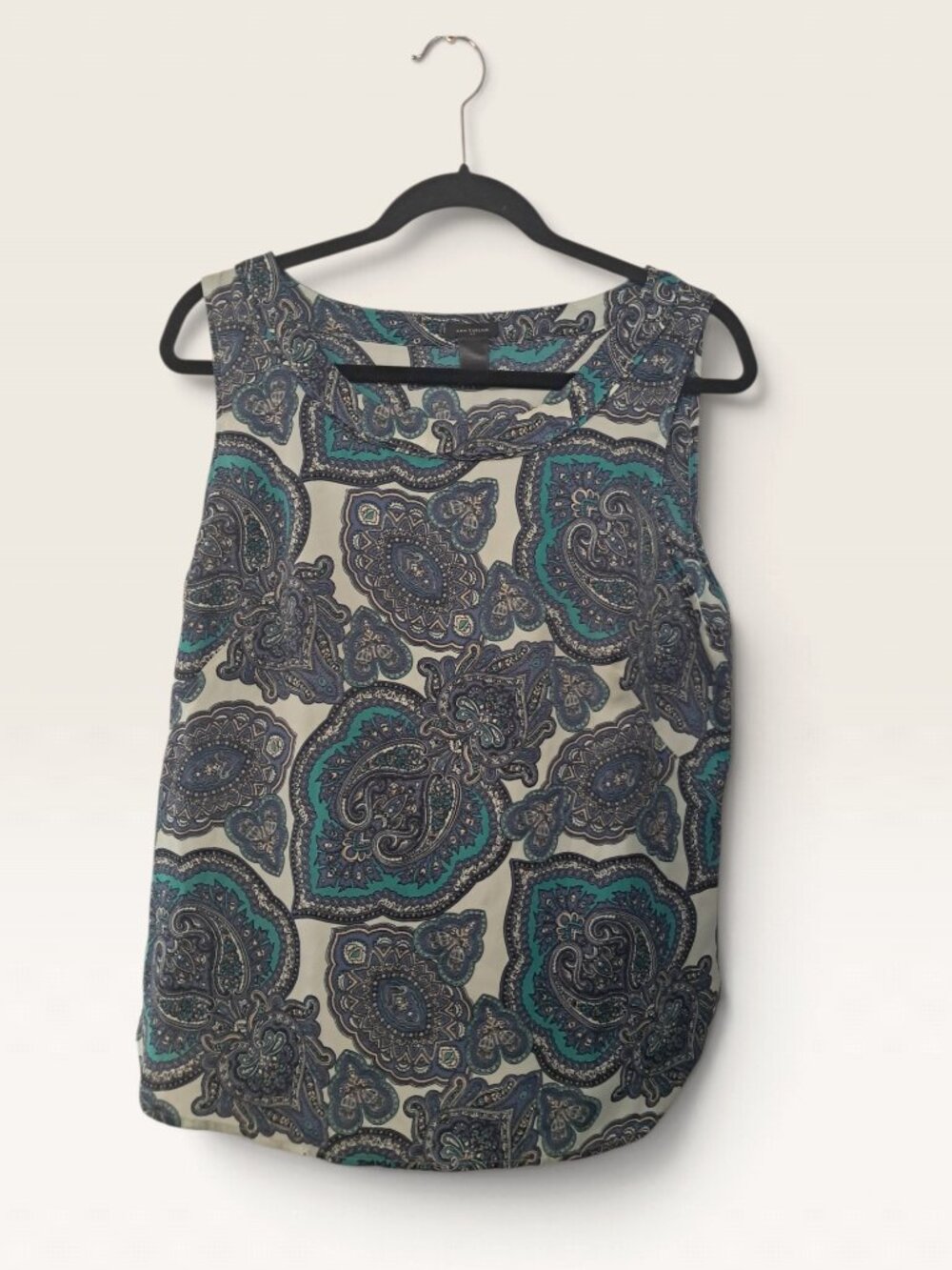 Ann Taylor Large Teal Blue Paisley Sleeveless Shell Blouse Top 392340 Flaw
